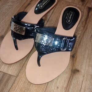 Coach Black and Tan Sandals with Embellished Strap